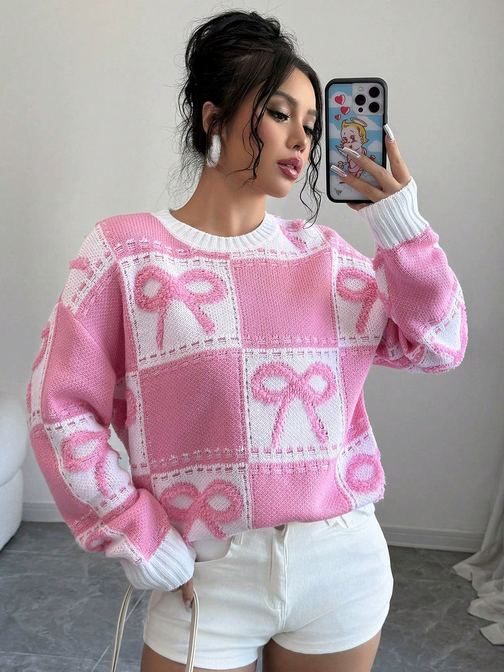 Zara Pink Bow Christmas Knit Sweater Loose Fit